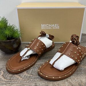 Michael Michael Kors Jagger Studded Leather Lace Up Flat Sandals Luggage 8.5 NIB